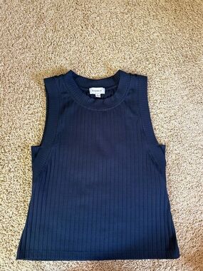 EVEREVE Navy Ribbed Sleeveless High Neck Top Size S
